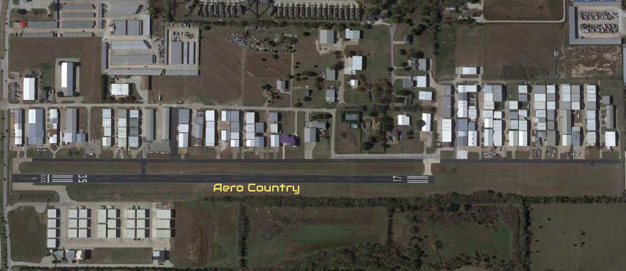 Overhead aerial view of Aero Country Airport showing the runway and hangar areas