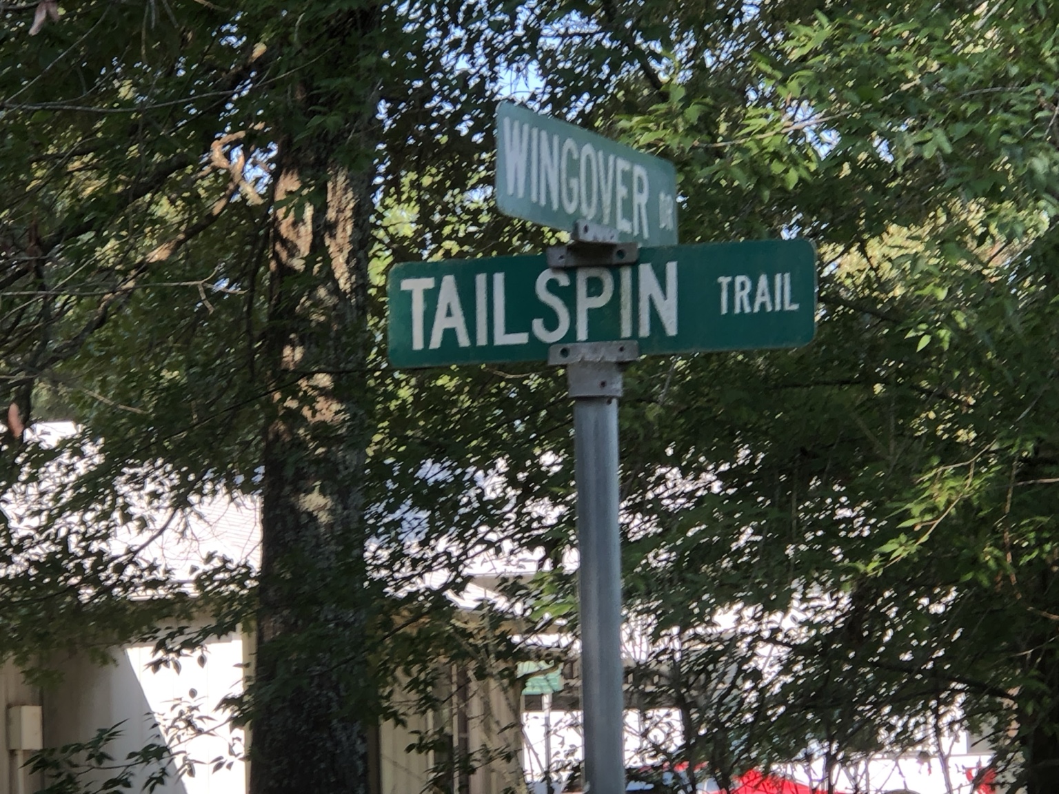 Tailspin Trail and Wingover Drive street signs at Aero Estates