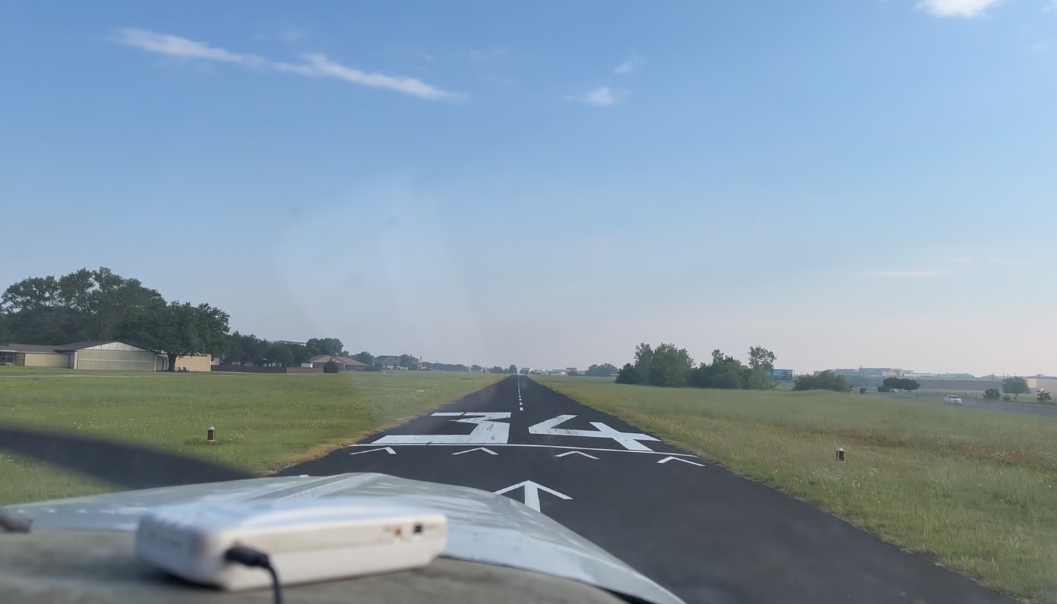 Pilot's cockpit view from Runway 34 at Air Park Dallas