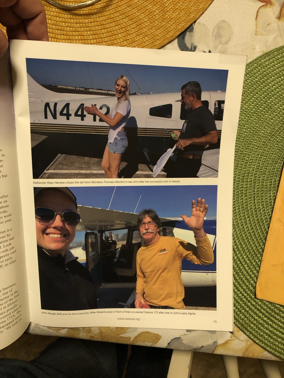 Cessna Pilots Magazine page showing John Naugle with Mike Roberts beside their Cessna 172