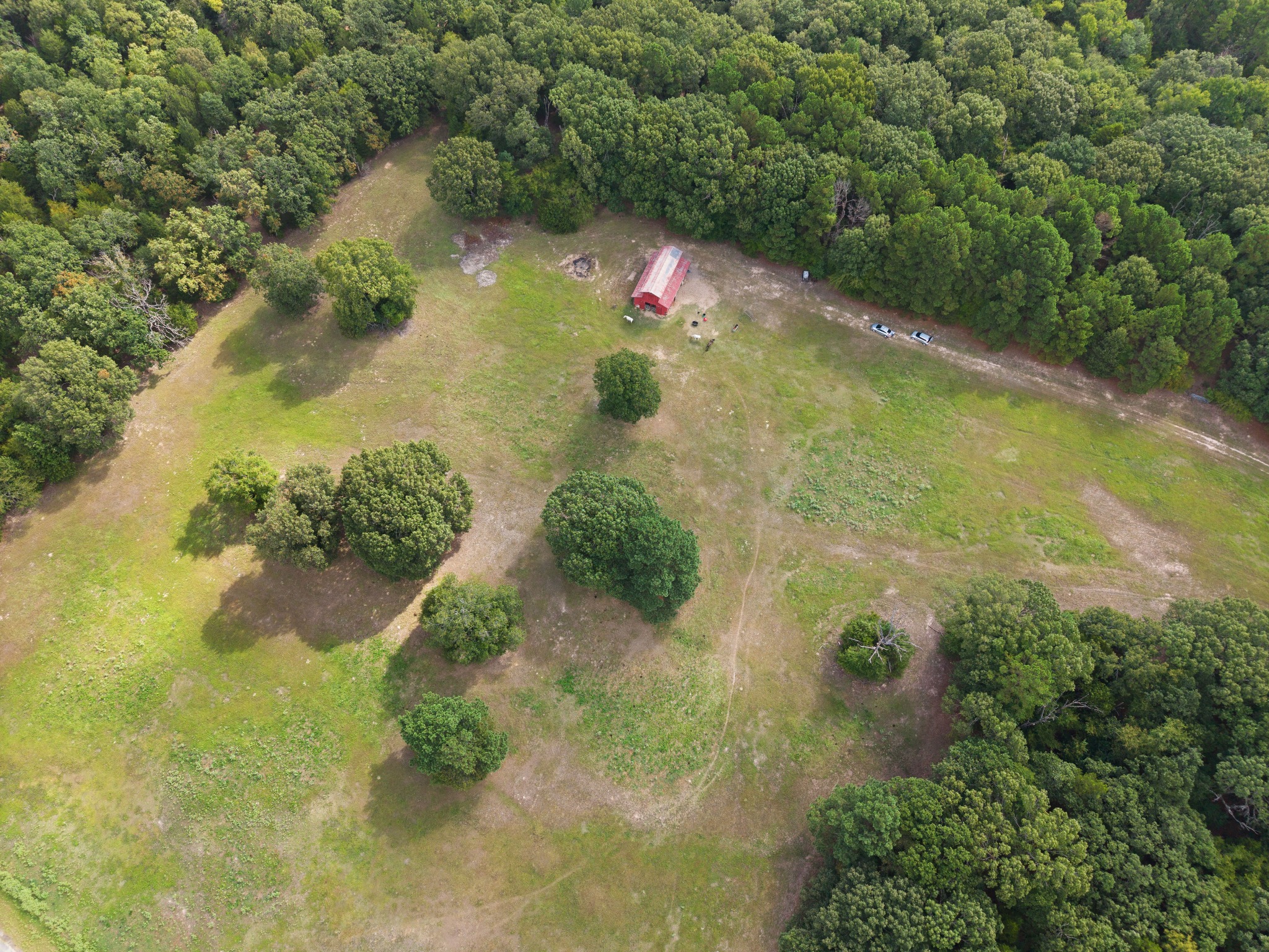 Aerial view of the large Echo Lake equestrian riding area surrounded by trees